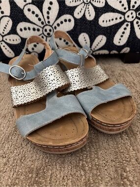 Boho Denim Blue Silver Perforated Comfort Wedge Sandals Sz 40